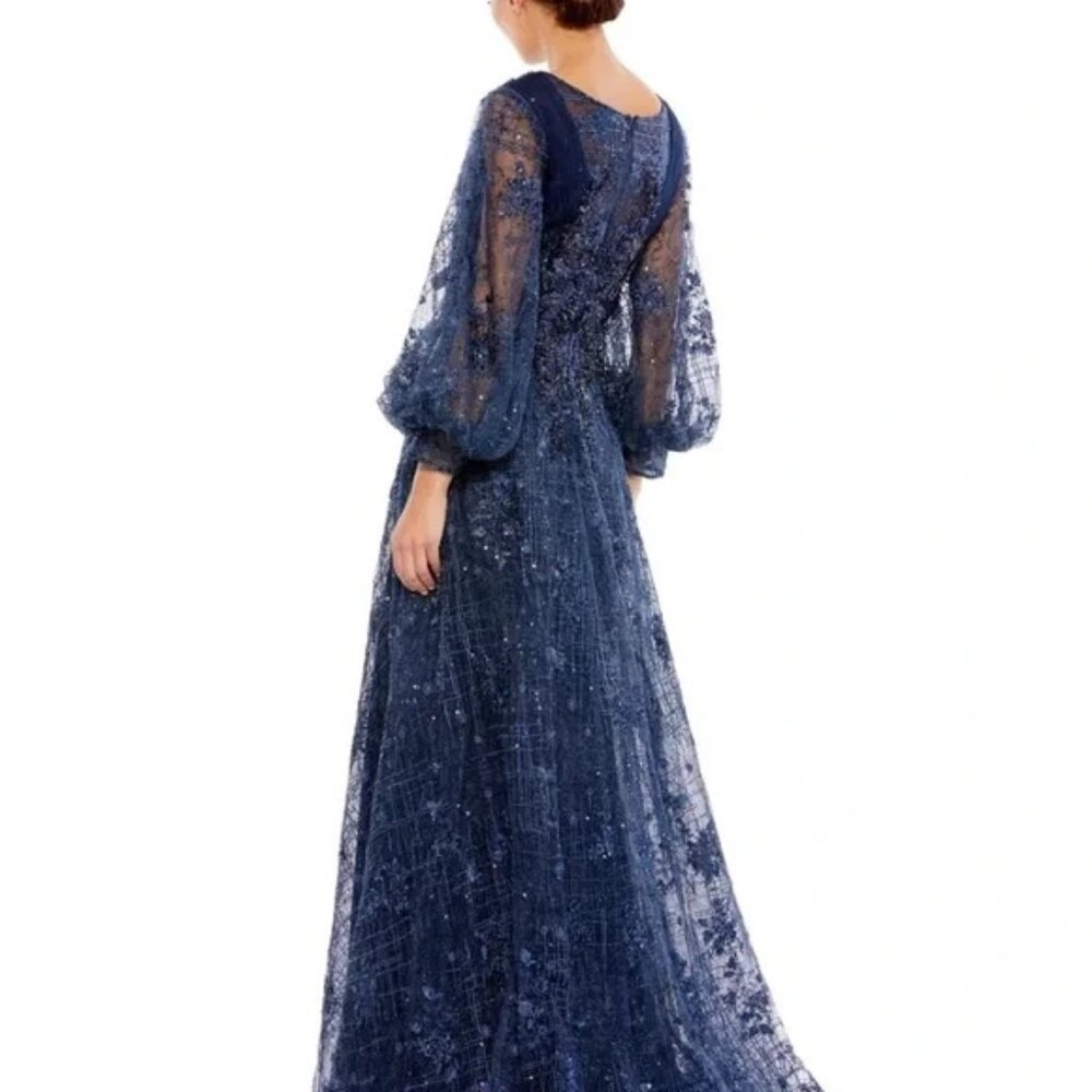 NWT Mac Duggal 20283 Size Navy V Neck Puff Sleeve Embroidered A Line Gown 14 - Picture 3 of 7